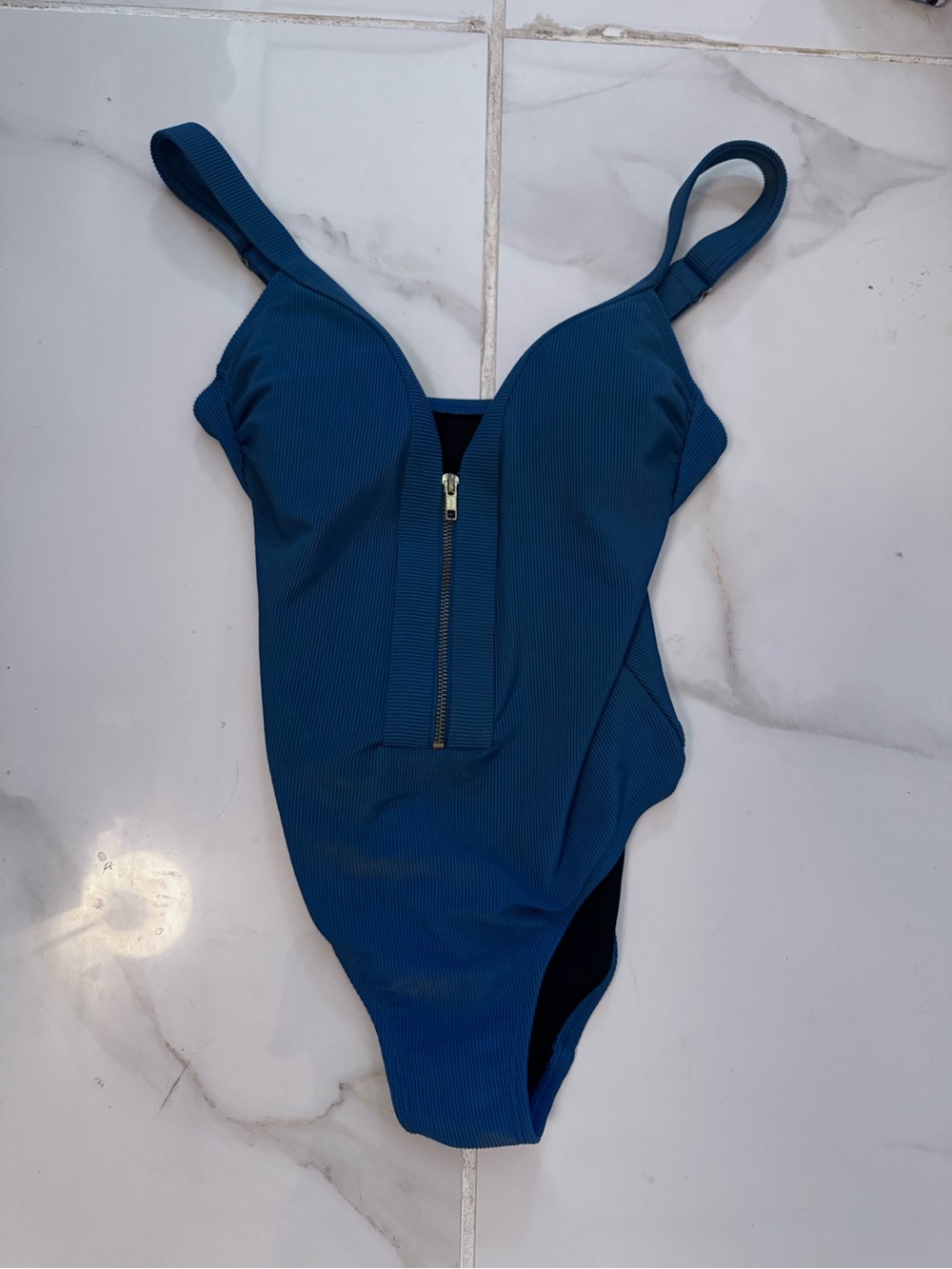 Kona Sol Deep Teal Ribbed Zip-Front One-Piece